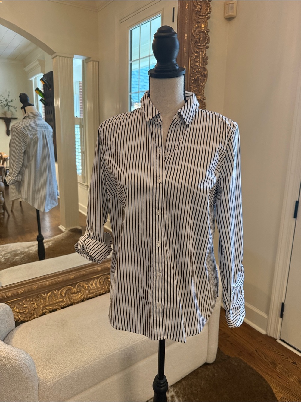 Apt. 9 White and Navy Vertical Stripe Button-Up Blouse